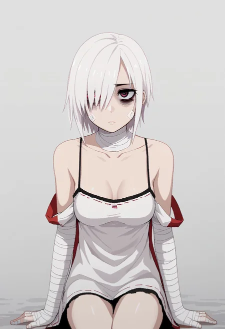 score 9 up, score 8 up, solo,1girl, white hair, hair over one eye, two-tone eyes, pink eyes, red eyes, white clothing, spaghetti_strap, oversized blouse, breasts, bags under eyes, mascara, bandaged_neck, bare legs, aliasing, SignalisArtStyle