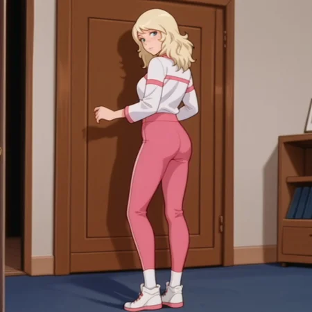 masterpiece, best quality, amazing quality, SarahDSil, human, female, blonde hair, blue eyes, white shirt, long sleeves, pink stripes, pink pants, white socks, white sneakers, pink trim,inside, solo, standing