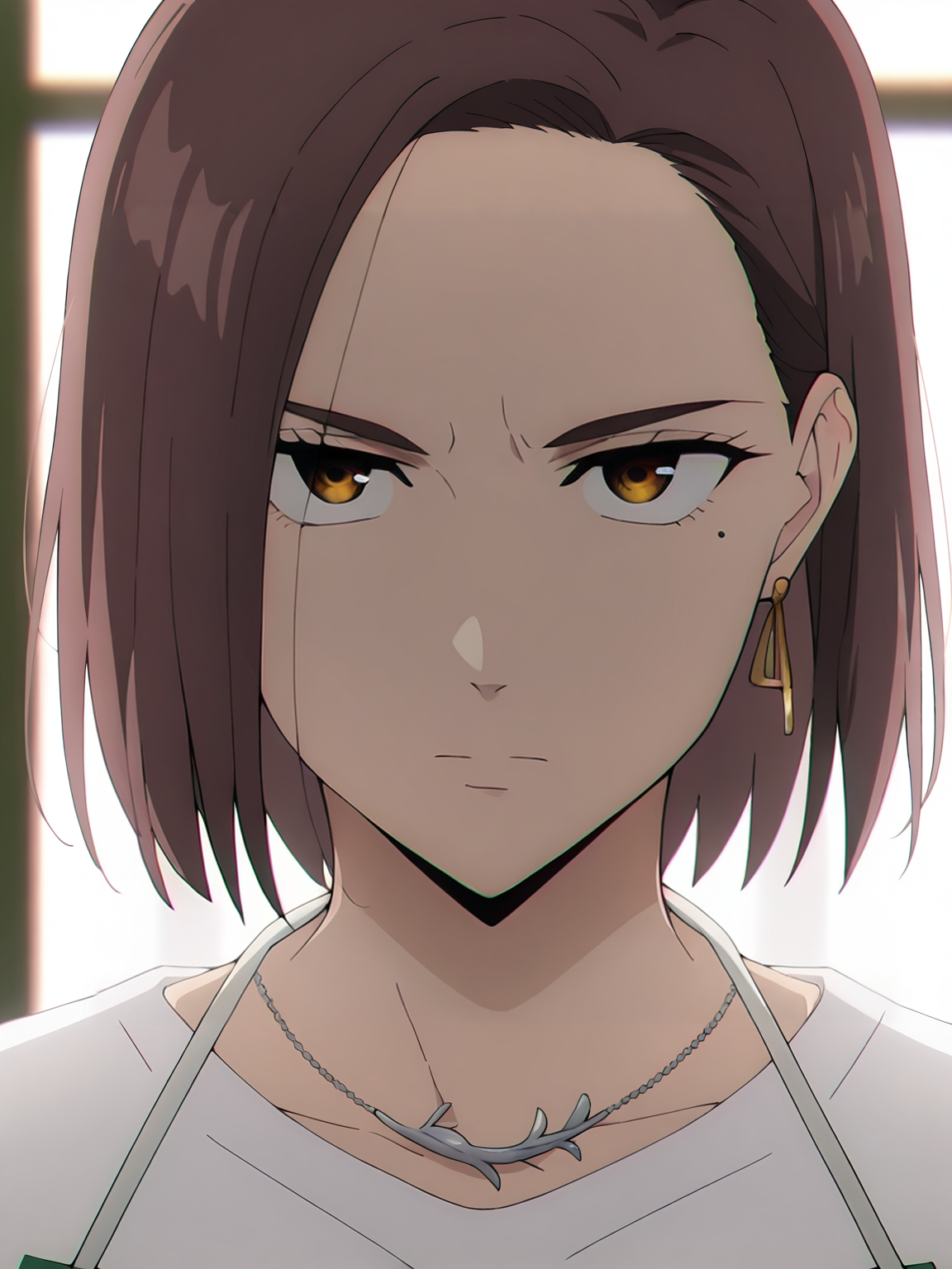 <lora:Kotoha_Tachibana_Characters:0.8>kotoha_tachibana, 1girl, solo, brown eyes, brown hair, short hair, green full apron, white shirt, earrings, silver necklace, mole under right eye, close-up, serious, intense gaze, back lighting, dark blackground, looking at viewer, window, (dark:1.2)