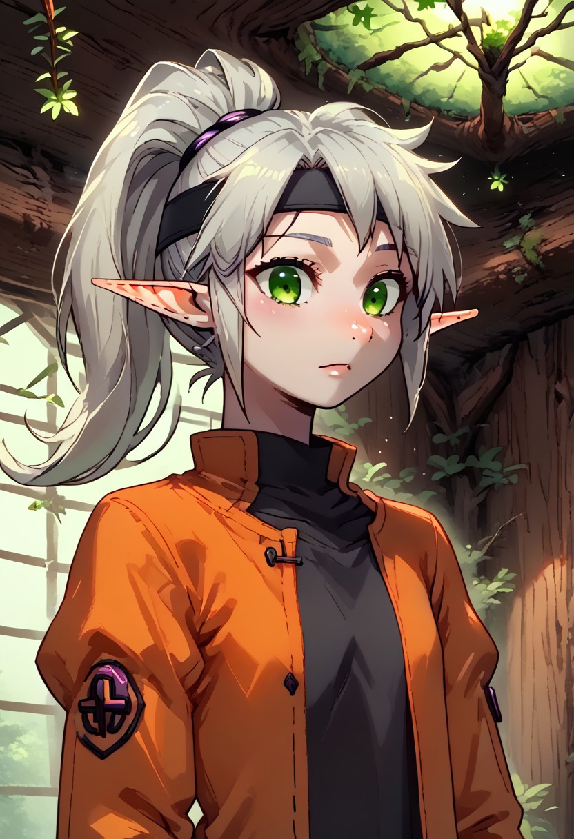 4byss, Lapanya, pointy ears, ((snout nose)), flat chest, solo, silver hair, green eyes, ponytail, black headband, orange jacket, black tunic, ((grinning, cheerful expression)):1.2,
Dutch angle, detailed face, ((up close, headshot)),
Variety,
Medieval style,
((cavern background, wall hangings, organic chamber, soft light, moss on ceiling, luminous moss)), clean lines, smooth colors, sfw, source: anime, rating: pg, score: 8 up, score: 9