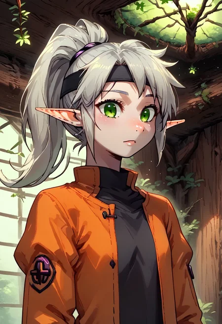 4byss, Lapanya, pointy ears, ((snout nose)), flat chest, solo, silver hair, green eyes, ponytail, black headband, orange jacket, black tunic, ((grinning, cheerful expression)):1.2,
Dutch angle, detailed face, ((up close, headshot)),
Variety,
Medieval style,
((cavern background, wall hangings, organic chamber, soft light, moss on ceiling, luminous moss)), clean lines, smooth colors, sfw, source: anime, rating: pg, score: 8 up, score: 9