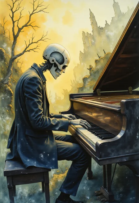 Detailed oil painting, dark fantasy style, a human skeleton in a tattered suit playing a grand piano on a desolate war-torn battlefield. Elegant bony fingers on piano keys, warm golden sunset light casting long shadows. Battlefield littered with rubble, abandoned military equipment, faint silhouettes of fallen soldiers. Eerie beauty, poignant contrast, highlighting fragility of life and enduring power of art. High detail, dramatic atmosphere dramatic lights, Cinematic, beautiful, vibrant, masterpiece, 32k, ultra HD, ultra-detailed, amazing quality, amazing artist, sharp edges, detailed textures, full view, atmospheric lighting, amazing visuals