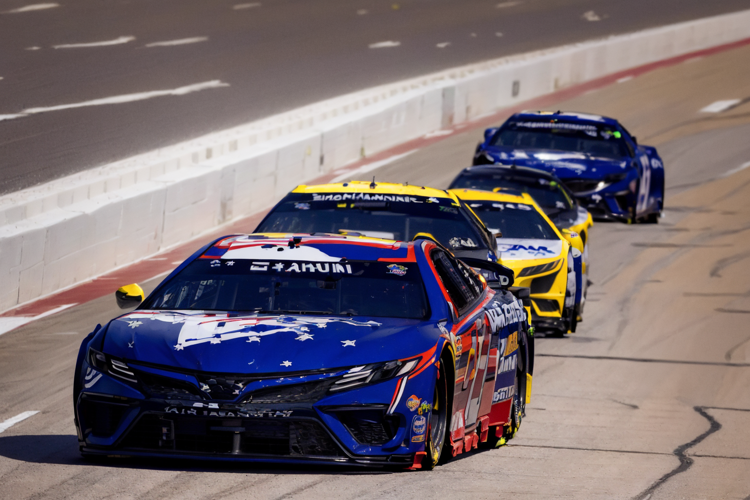 (masterpiece, best quality:1.2), ultra-detailed, gtoup of cars racing on track  EdobNascarRace, (realistic:1.5), <lora:EdobNascarRace_v1.0:1>