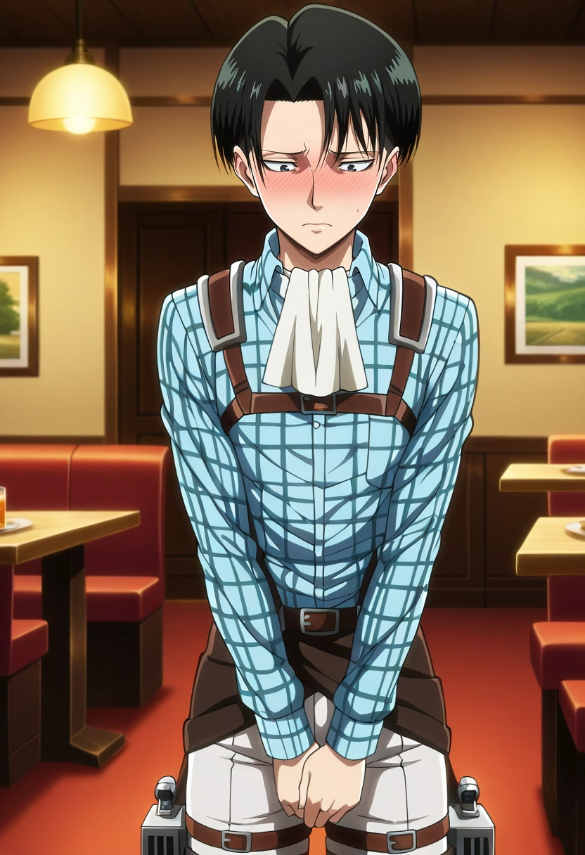 masterpiece, best quality, intricate details, anime screencap, anime coloring, official style, , , 1boy, solo, male focus, <lora:levi_ackerman_ilxl:1>, levi_ackerman, black hair, black eyes, short hair, curtained hair, paradis military uniform, ascot, three-dimensional maneuver gear, cowboy shot, restaurant, midnight, v arms, embarrassed, nose blush, Sweatshorts, Denim Flannel shirt, , ,