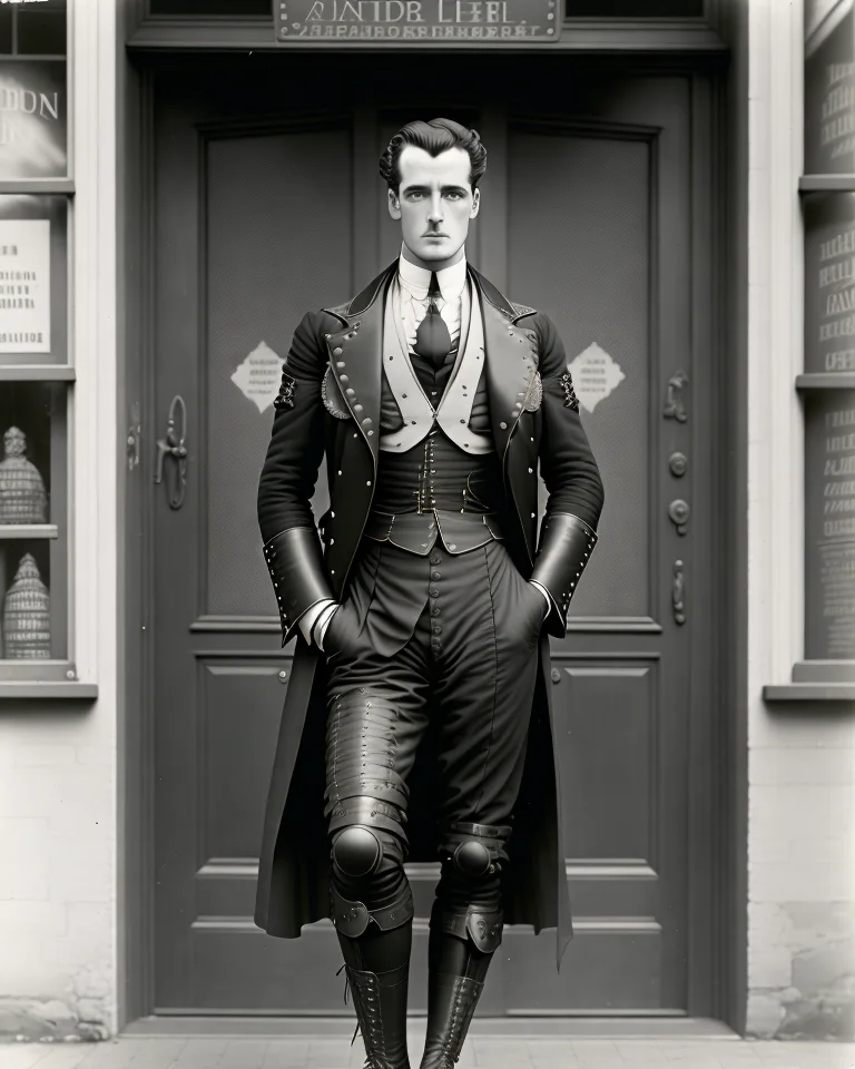 a black and white photo of a man standing in front of a store, a character portrait, by Doris Boulton-Maude, featured on cg society, arts and crafts movement, steampunk motorcycle, leather stockings, wearing dirty ripped flight suit, marc newson, virile
