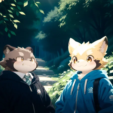score_9, score_8_up, score_7_up, zPDXL3, ((((sdgs4by zuppu11)))), 2boys, duo, furry focus, cute, kemono, detailed background, park background, rating_safe