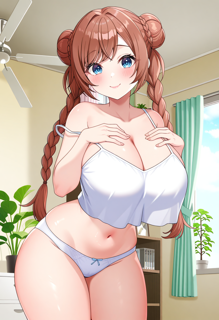 masterpiece, best quality,  1girl, huge breasts, indoors, hair bun, bare arms, braid, blush, smile, pink lips, twin braids, plant, white camisole, cowboy shot, ceiling fan, day, camisole, white panties, blue eyes, crop top overhang, looking at viewer, curtains, hanging light, stomach, brown hair, shirt, collarbone, hands on own chest, sleeveless, cleavage, panties, standing, no pants, underwear only, fingernails, sleeveless shirt, double bun, underwear, potted plant, long hair, strap slip