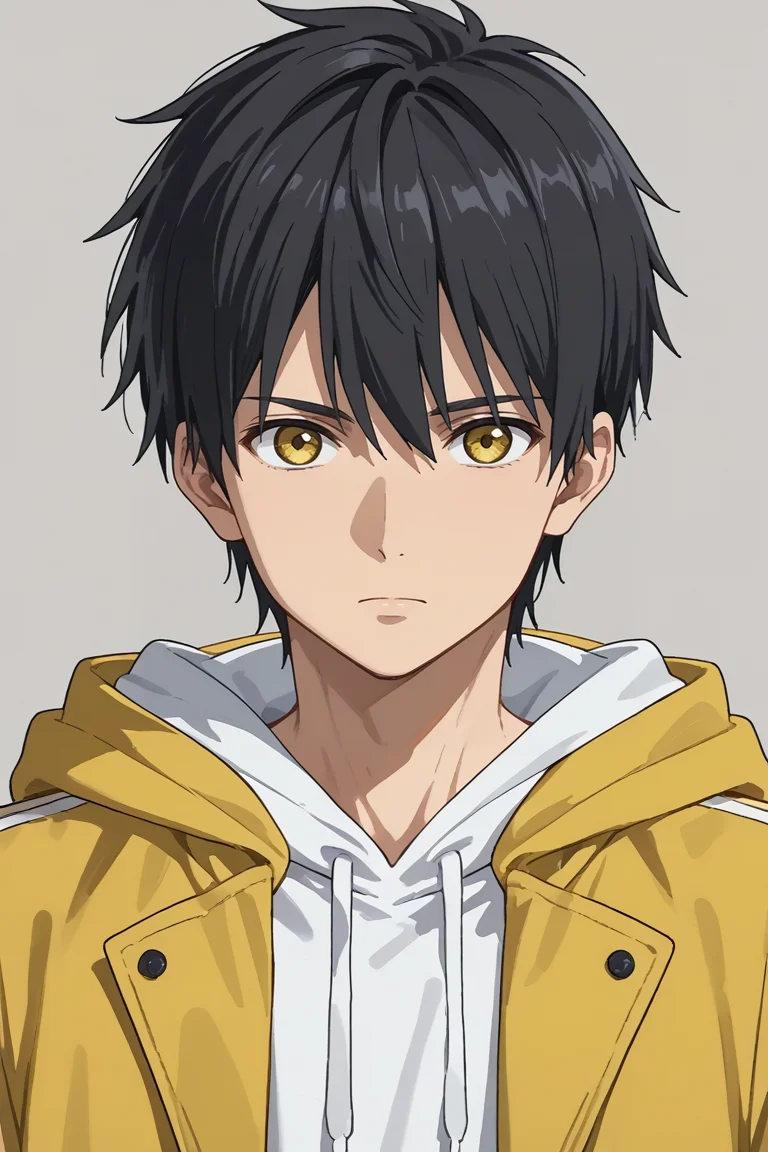 score_9, score_8_up, score_7_up,score_6_up,score_5_up,score_4_up,source_anime,BREAK, rating_safe, intricate details , , , anime screencap, anime coloring, official style, depth of field,1boy, solo, male focus , , , <lora:kuro_sakuragawa:0.70>,kuro sakuragawa,black hair,yellow eyes,short hair,bangs,looking at viewer, simple background, closed mouth, jacket, upper body, open clothes,hood, grey background, open jacket, hoodie, expressionless, hood down,yellow jacket, drawstring,black trim,panels, straight-on, white hoodie , , , <lora:sdxl_lightning_8step_lora_315544:1>