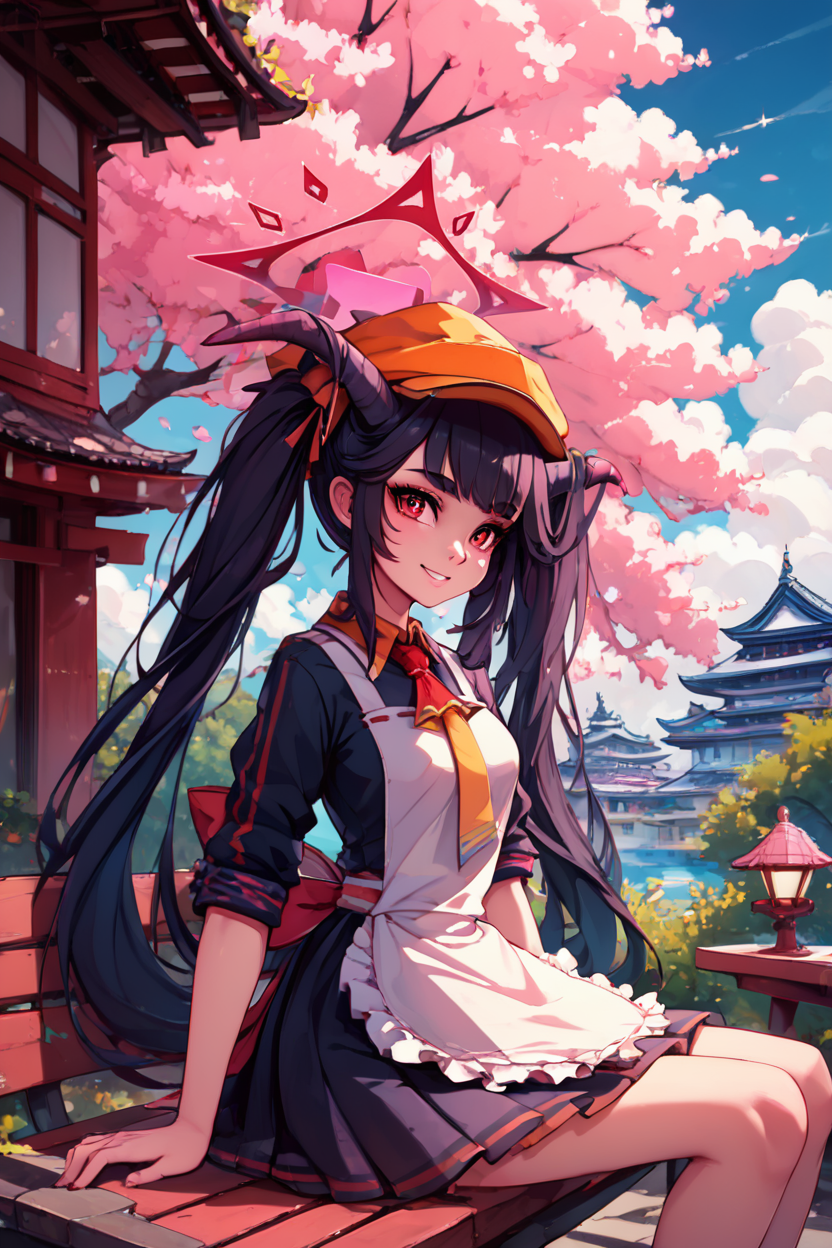 score_9, score_8_up, score_8, medium breasts, (curvy), cute, eyelashes,       BREAK, , ,,, zzFuuka, red eyes, black hair, long hair, horns, halo, demon horns, twintails black dress, white apron, frilled apron,  orange headwear, school uniform, necktie,  <lora:Fuuka_BlueArchive_PDXL:0.8>,   ,,,, BREAK, sitting on bench, side view, smile, looking at viewer, cowboy shot,  ,,, BREAK, pnkBldng, sky, day, cloud, tree, blue sky, building, architecture, east asian architecture,  ,,, BREAK, embedding:zPDXL, Expressiveh,  ,,, <lora:PinkBuildingsPDXL_v2:0.6>, <lora:SDXLFaeTastic2400:0.5>, <lora:Expressive_H-000001:0.4>