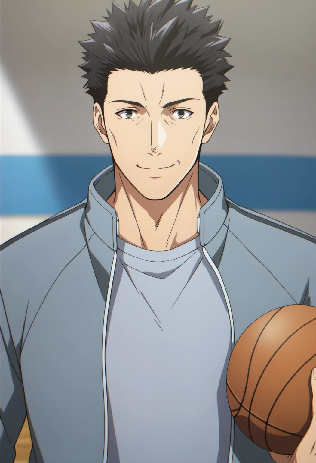 1boy, ooiwa_Iseleve, black eyes, black hair, spiked hair, light blue sport jacket, ((open jacket)), long sleeves, white undershirt, score_8_up, score_7_up, score_6_up, score_9, manly, muscle, old man, a muscular man in a indoor basketball court, centered, looking at viewer, face_focus, (detailed eyes), 8k uhd, high quality, anime color, cinematic angle, twilight, front view, smile, golden_hour_lighting, standing, outstretched arm, holding basketball