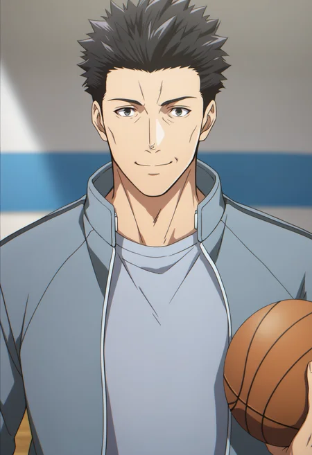 1boy, ooiwa_Iseleve, black eyes, black hair, spiked hair, light blue sport jacket, ((open jacket)), long sleeves, white undershirt, score_8_up, score_7_up, score_6_up, score_9, manly, muscle, old man, a muscular man in a indoor basketball court, centered, looking at viewer, face_focus, (detailed eyes), 8k uhd, high quality, anime color, cinematic angle, twilight, front view, smile, golden_hour_lighting, standing, outstretched arm, holding basketball