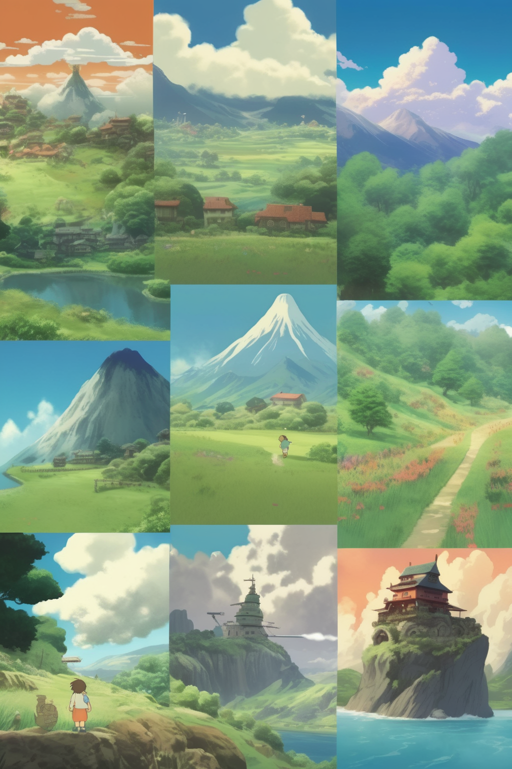 <lora:Studio Ghibli Style:1>Studio Ghibli Style - Design a poster that showcases the beautiful landscapes and scenery from Studio Ghibli films