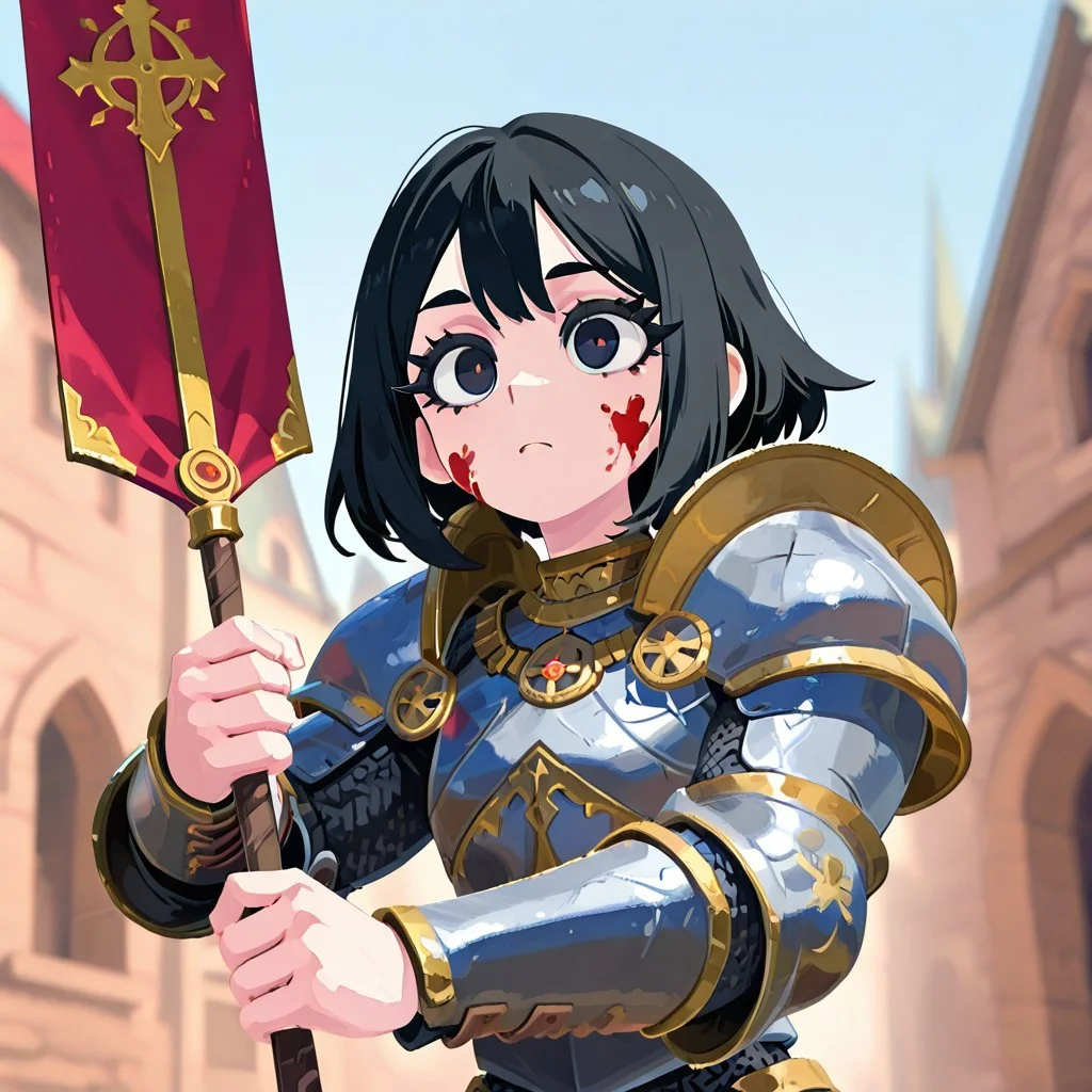 fabulosity_style, best quality, flat color, no lineart, no outline, blurry background, depth of field, thick eyelashes, Repanse, black hair, armor, solo, medieval city, holding banner, two-handed, blood on face,
<lora:RepansedeLyonesse_Vpred:0.8>