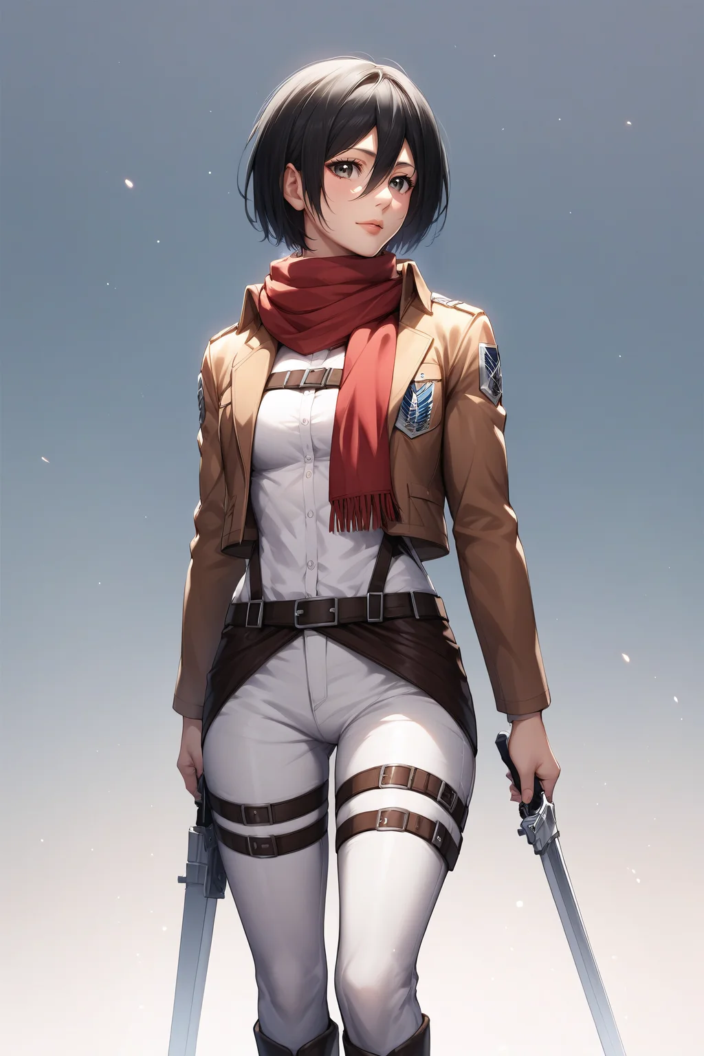 score_9, score_8_up, score_7_up, score_6_up, score_5_up, score_4_up, BREAK source_anime, <lora:mikasa ackerman-PonyXL:0.8> mikasa ackerman, black eyes, black hair, short hair, white shirt, thigh strap, open cropped brown jacket, red scarf, white pants, survey corps \(emblem\), boots, standing,