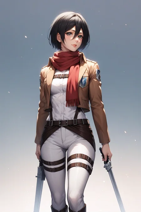 score_9, score_8_up, score_7_up, score_6_up, score_5_up, score_4_up, BREAK source_anime, <lora:mikasa ackerman-PonyXL:0.8> mikasa ackerman, black eyes, black hair, short hair, white shirt, thigh strap, open cropped brown jacket, red scarf, white pants, survey corps \(emblem\), boots, standing,