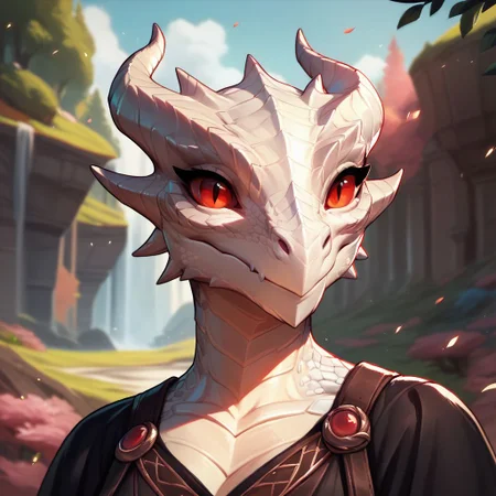 (((beautiful, high quality))), upper body, score_9, score_8_up, score_7_up, solo,
looks at the viewer,
Dragonborn, furry dragon,
1girl, red eyes, white scales, black dress,
outdoor, fantasy background, nature, blurred background,