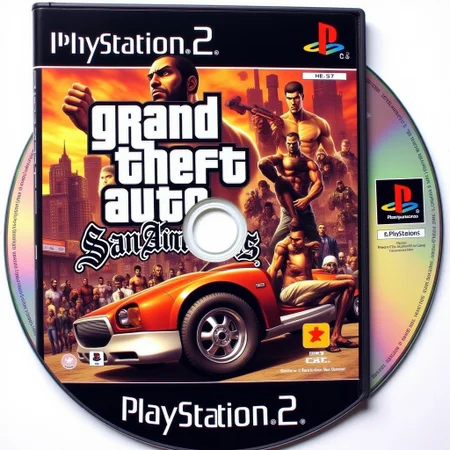 Ps2 cover disk, a Text title "Grand Theft Auto: San Andreas",