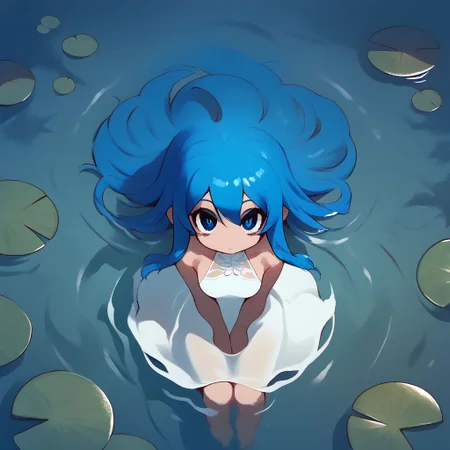 (score_9,score_8_up,score_7_up, BREAK),<lora:yoneyamaiXL_JS2_lokr_V12>,yoneyamai,Female,looking at viewer,white dress,water hair,blue hair,on lilypad, from above, SAFE FOR WORK
