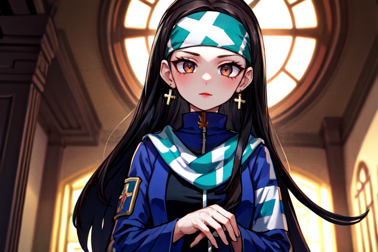 highly insanely detailed, masterpiece, top quality, best quality, highres, 4k, 8k, RAW photo, (very aesthetic, beautiful and aesthetic),  
beth_\(megami_tensei\),bethsmtii,shin megami tensei ii,long hair,black hair,straight hair,sleek black,jewelry,cross,headband,red_lipstick,bandana_with_messian_symbol,Religious_bandana,symbol_headband,messian_church_bandana, 
<lora:zs_Beth:0.5>, 
(1girl:1.3), 1other, 
prison,âââ