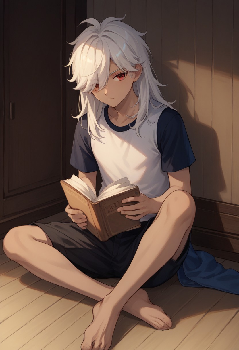 score_9, score_8_up, score_7_up, source_anime, highly detailed, 
cyno, 1boy, male focus, solo, dark-skinned male, dark skin, white hair, hair over one eye, long hair, red eyes, shirt, t-shirt, shorts, black shorts, barefoot, 
indoor, contemporary, sitting, book, holding book,