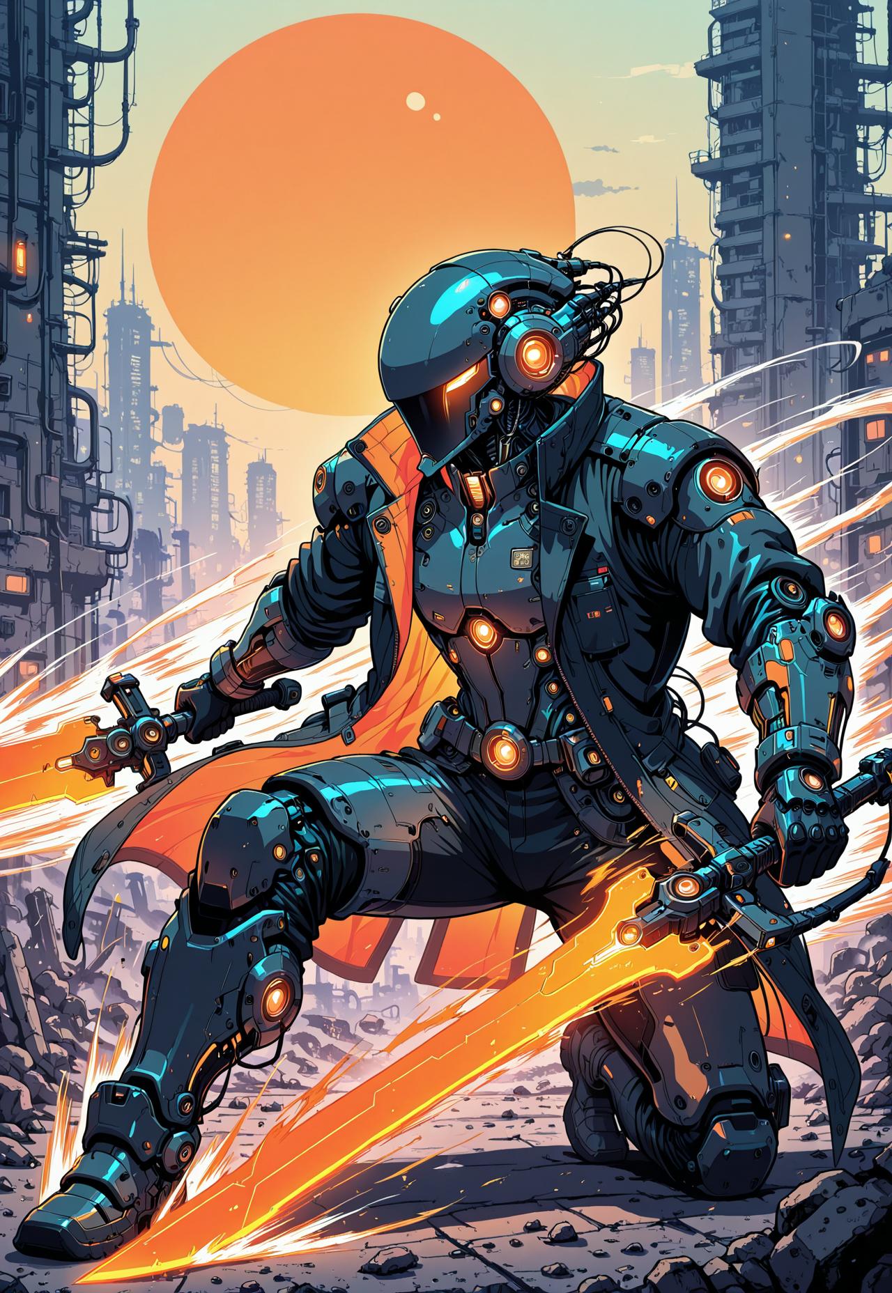 masterpiece, ultra detailed, ultra-detailed, 32K, very aesthetic, 2d, 1man, full armor, black trenchcoat, open coat, hi-tech, sci-fi, ruins, orange glow, dynamic pose, fighting stance, (motion effect:1.5), dual wield, holding swords, glowing blade, zzCitronLegacy, in the style of cknc,
