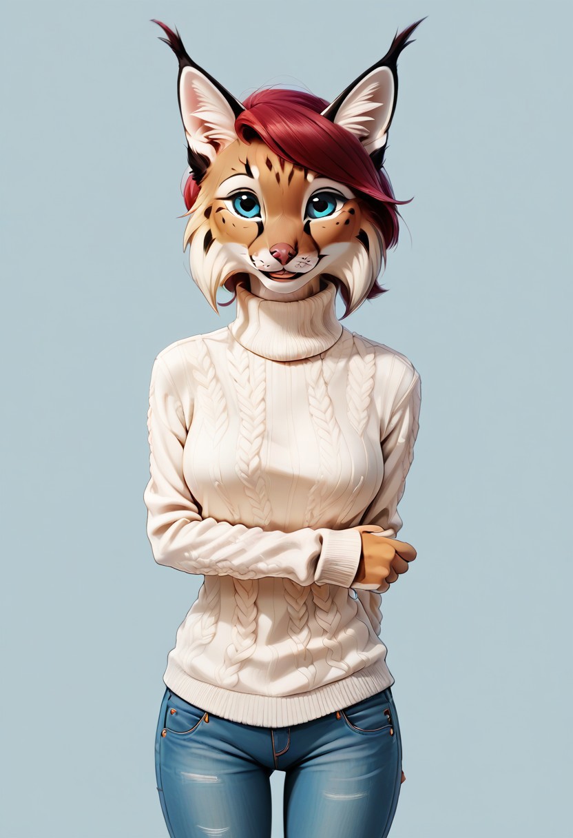 digital_media_(artwork) hi_res, score_9, score_8_up, score_7_up, score_6_up, source_furry, rating_safe, anthro, furry, female, furry female, detailed textured fur, fur tufts, lynx, red hair, blonde brown fur, spots, beautiful blue eyes, medium breasts, covered breasts, slim, slender, turtleneck sweater, denim jeans, smile, SFW,