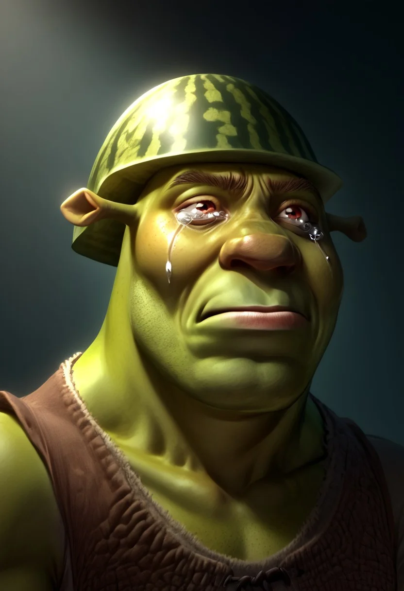 melonhelm, 1boy, shrek wearing watermelon helmet, green skin, portrait, crying