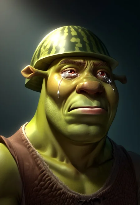 melonhelm, 1boy, shrek wearing watermelon helmet, green skin, portrait, crying