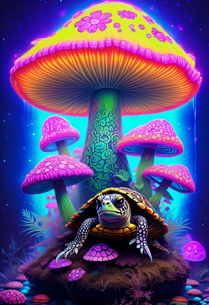 Turtle mushrooms.growing from shell, glowing neon colored mushroom, intricate details, 8k, masterpiece, amazing fantastical background