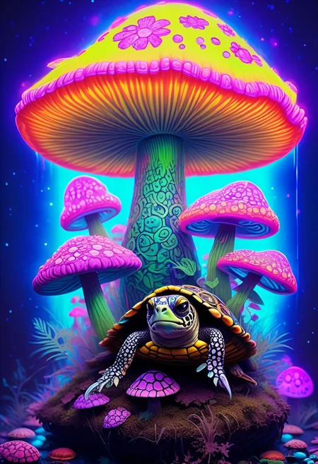 Turtle mushrooms.growing from shell, glowing neon colored mushroom, intricate details, 8k, masterpiece, amazing fantastical background