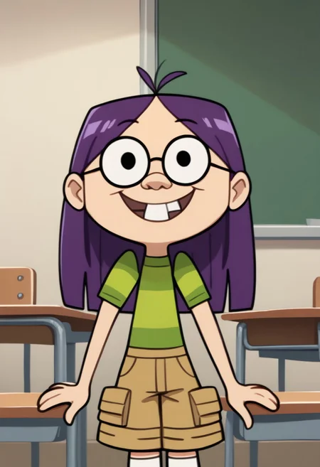 score_9, score_8_up, score_7_up BREAK DanaWay, 1girl, purple shoulder-length hair, triple ahoge, black eyes, buckteeth, round glasses, bucktooth, short-sleeved green striped shirt, cargo shorts, white socks, green white sneakers, cartoon, source_cartoon, smiling at viewer, school indoors, school background, full body,