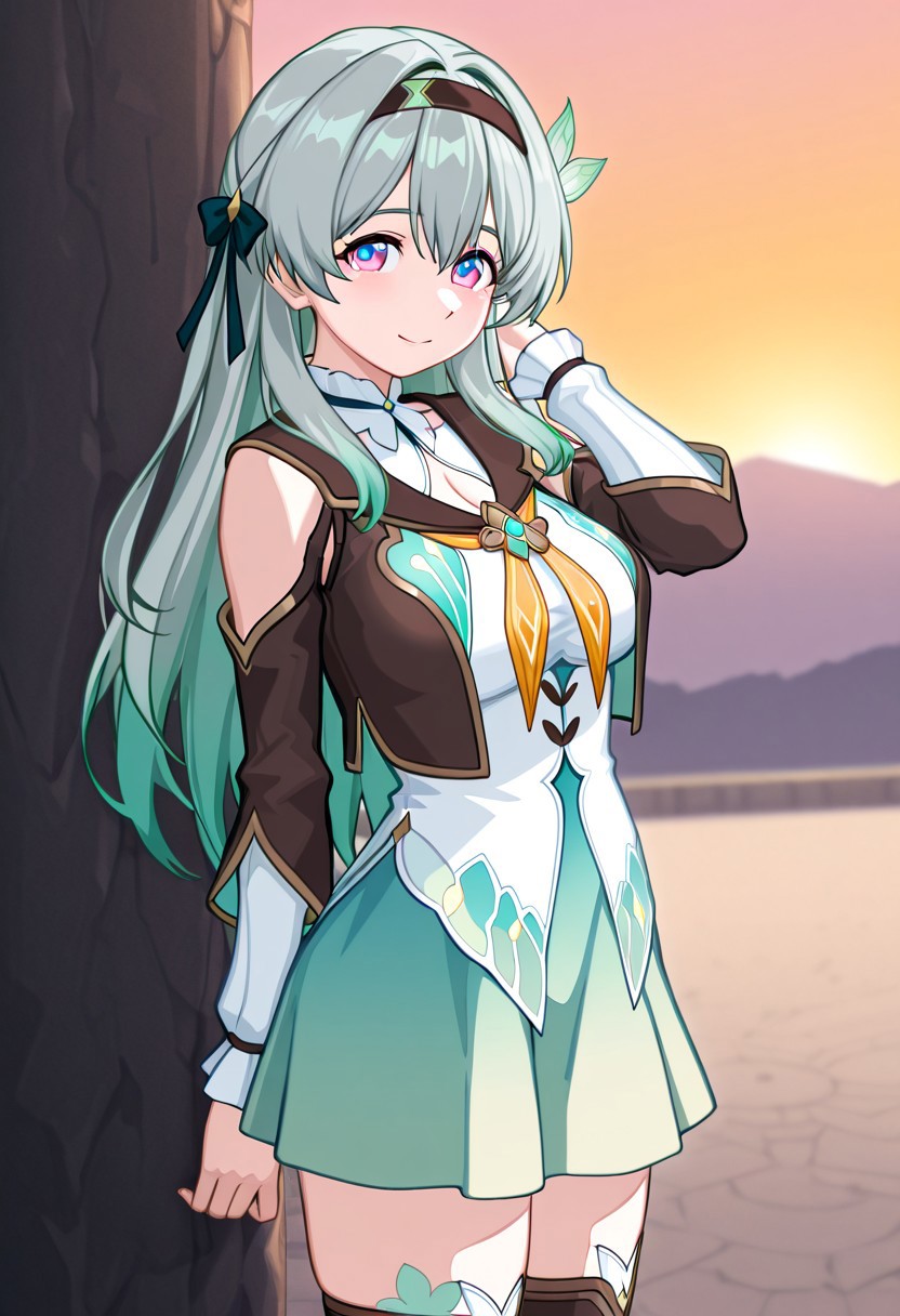 high resolution, gorgeous, absurdres, best quality, anime screencap, source_anime, official art, FlyingTreeFrog, 1girl, Fireflydef, long hair, grey hair, green hair, multicolored eyes, blue eyes, pink eyes, FF_hairband, FF_hair_ornament, FF_shirt, FF_skirt, FF_detached sleeves, FF_jacket, FF_bow, FF_thighhighs, FF_high_heels_boots, solo, smile, outdoors, looking at viewer, cowboy shot