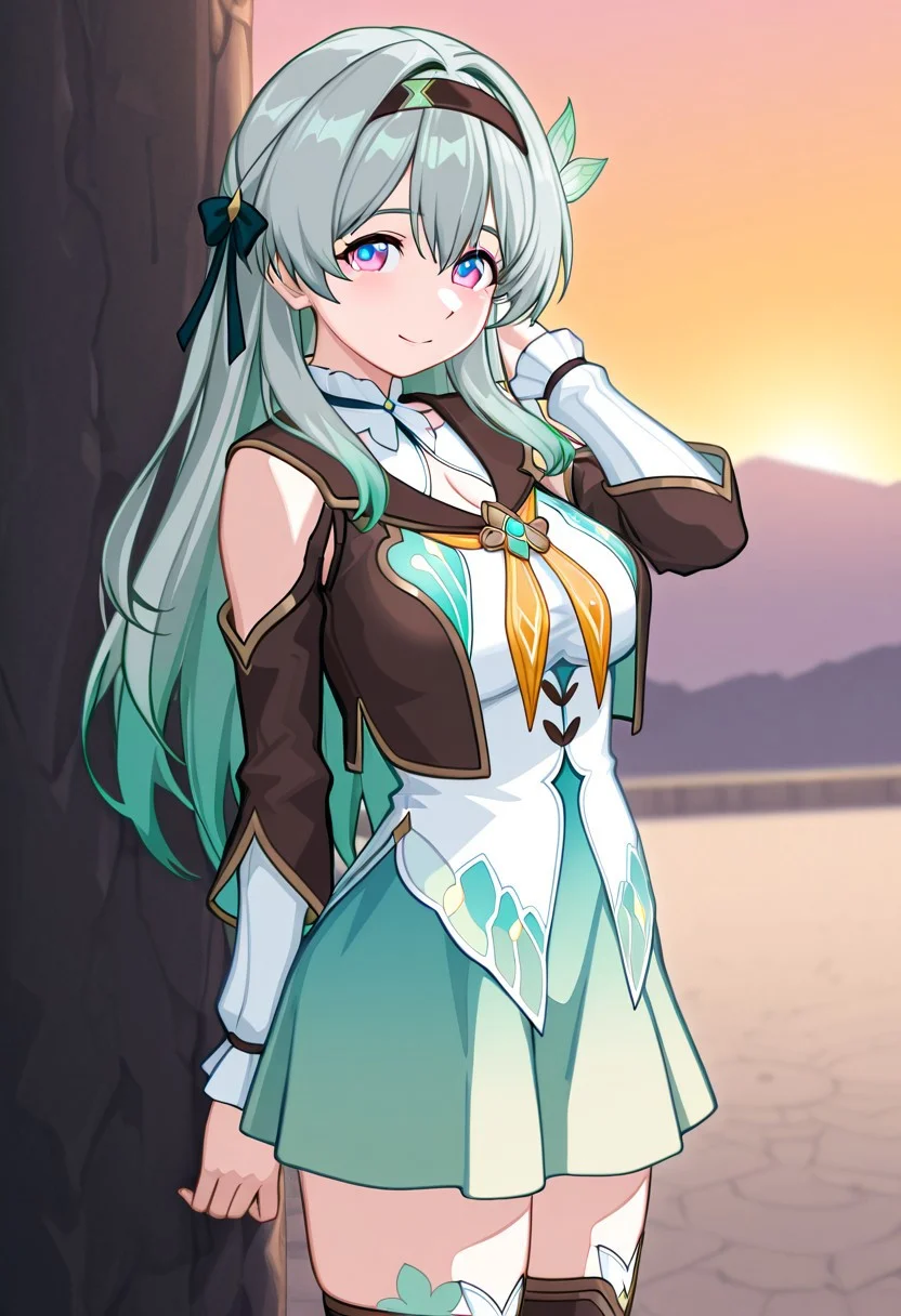 high resolution, gorgeous, absurdres, best quality, anime screencap, source_anime, official art, FlyingTreeFrog, 1girl, Fireflydef, long hair, grey hair, green hair, multicolored eyes, blue eyes, pink eyes, FF_hairband, FF_hair_ornament, FF_shirt, FF_skirt, FF_detached sleeves, FF_jacket, FF_bow, FF_thighhighs, FF_high_heels_boots, solo, smile, outdoors, looking at viewer, cowboy shot