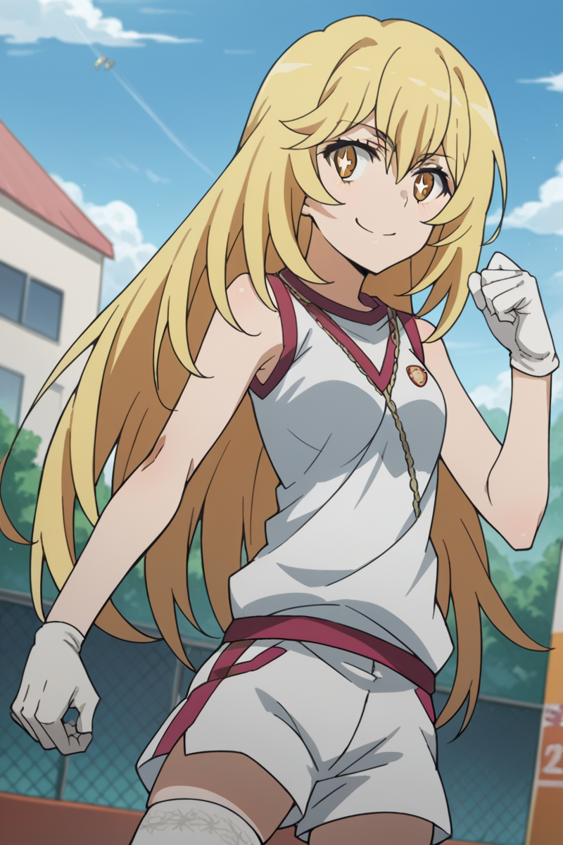 score_9, score_8_up, score_7_up, source_anime,
misakishokuhou, <lora:misaki-shokuhou-s3-ponyxl-lora-nochekaiser:1>,
misaki shokuhou, blonde hair, hair between eyes, long hair, symbol-shaped pupils, yellow eyes, smile,
bare shoulders, gloves, gym shirt, gym shorts, gym uniform, shirt, short shorts, shorts, sleeveless, sleeveless shirt, thighhighs, tokiwadai school gym uniform, white gloves, white shirt, white shorts, white thighhighs,
outdoors, sports festival,
looking at viewer, cowboy shot, dutch angle, dynamic pose,