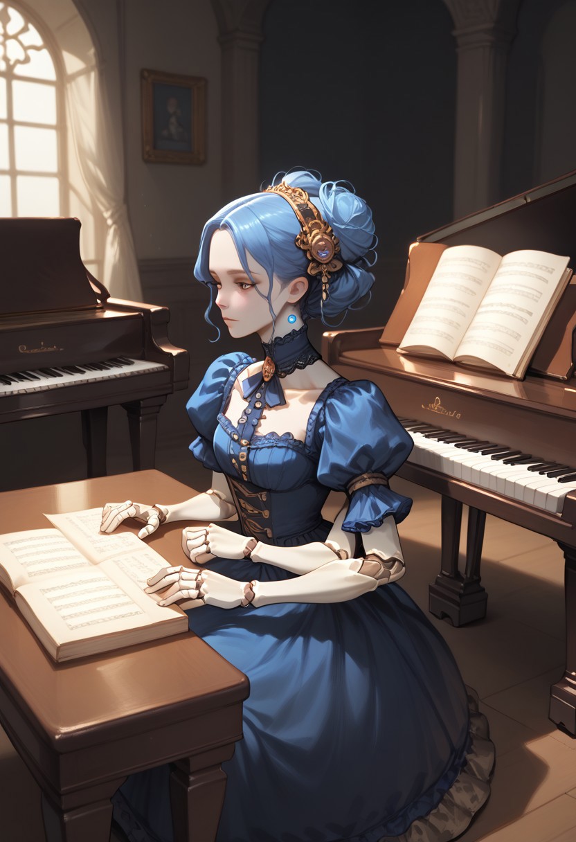 score_9, score_8_up, score_7_up,  score_6_up, dynamic angle, from above, from behind, over shoulder, doll, multiple arms, grand piano, sitting, playing piano, great lighting, ddpapa, cold colors, porcelaine skin, glowing skin, victorian dress,
BREAK,
shadows, exquisite fireplace, blue flame, cold light, golden ornaments, dark theme, deserted gothic mansion,