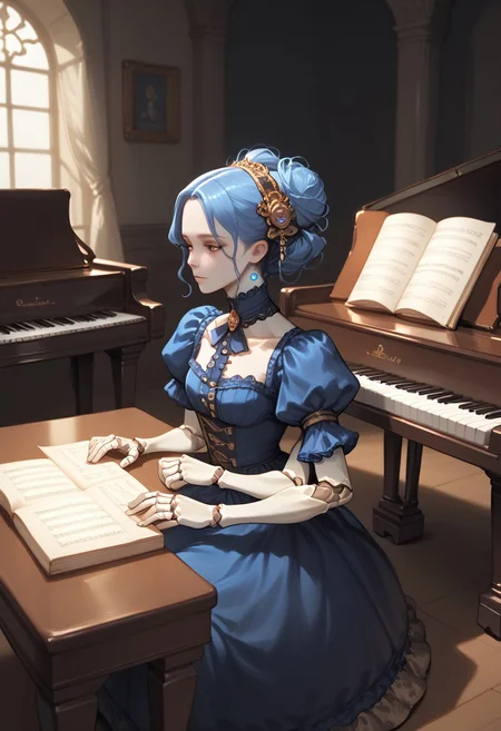 score_9, score_8_up, score_7_up,  score_6_up, dynamic angle, from above, from behind, over shoulder, doll, multiple arms, grand piano, sitting, playing piano, great lighting, ddpapa, cold colors, porcelaine skin, glowing skin, victorian dress,
BREAK,
shadows, exquisite fireplace, blue flame, cold light, golden ornaments, dark theme, deserted gothic mansion,