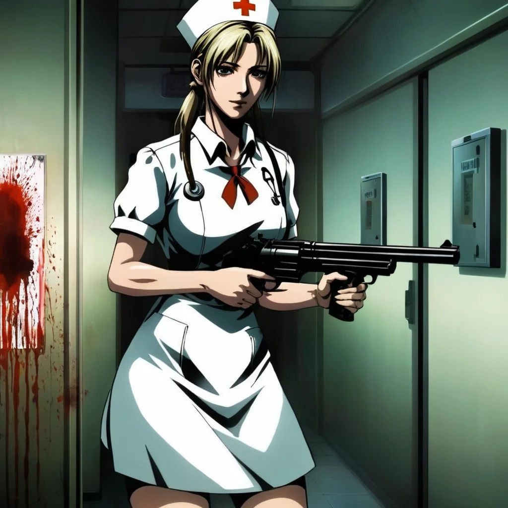 anime artwork of <lora:anime manga girl style:1.2>
a creepy female creature woman in a white nurse dress holding a revolver_gun inside a dark bloody hospital room in silent_hill anime manga girl style, anime style, key visual, vibrant, studio anime, highly detailed