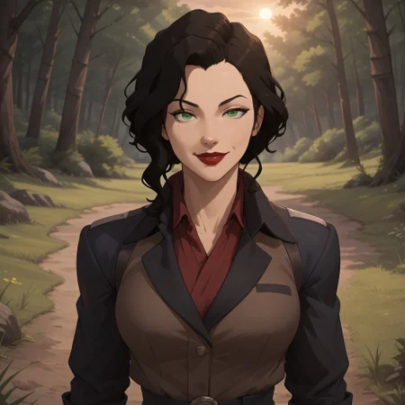 score_9, score_8, BREAK, solo, Asami_Sato_(The_Legend_of_Korra), long hair, black hair, green eyes, red lips, jacket, skirt, high boots, self portrait, smile, looking at viewer, outdoors, sunlight, shadows, evening lighting, natural lighting, forest, trees, grass, orange sky, sunset