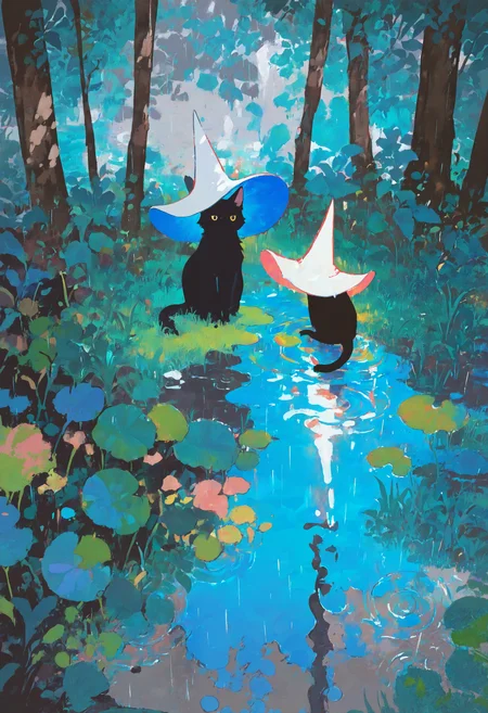 masterpiece, absurdres, newest, very awa, very detailed painting \(medium\), impressionism, blue theme, grey theme, no humans, black cat, white headwear, witch hat, animal focus, outdoors, grass, leaves, tree, rain, puddle, ripples, <lora:mengxuanliart:0.75> <lora:spo_sdxl_10ep_4k-data_lora_webui>, <lora:TA_trained>, <lora:NOOB_EPSv1_1_detailer_by_vlnvk_v0_5>,
