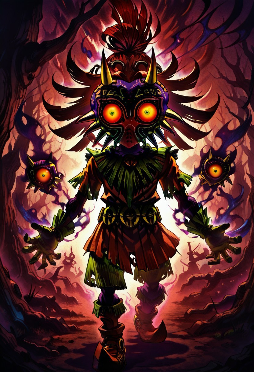 masterpiece, best quality, 
zzShadowMagic,
zzMajora,  majora (entity), skull kid, nintendo, the legend of zelda, the legend of zelda: majora's mask, commentary, aura, branch, corruption, dark, dark persona, gloves, glowing, glowing eyes, hat, horns, ichabod1799, looking at viewer, mask, outdoors, possessed, possession, red eyes, red hair, shadow, standing, tree, triangle print   ,