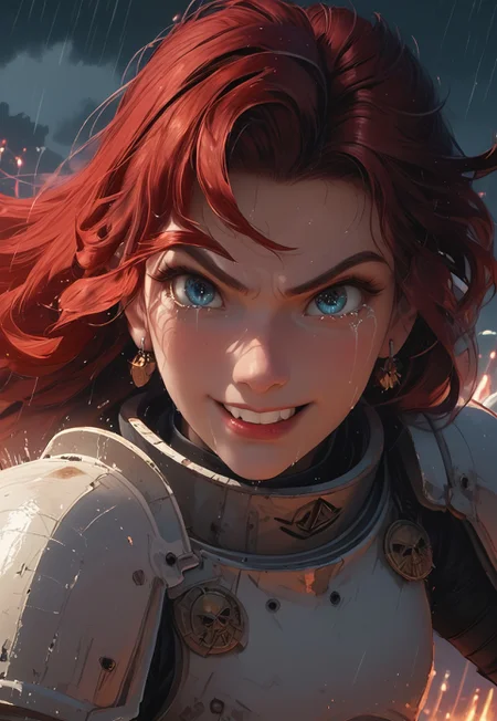 cowboy shot:1.6,

1girl, solo, 24 year old woman, large body, running:1.4, beautiful, long hair, dark red hair, freckles:1.4, face uplifted:1.6, looking up, looking at the sky, earrings, (fierce) grin:1.5, crying:1.5, teeth clenched:1.4, angry smile:1.5, wide hips, knight armor:1.5, heavy armor, gauntlets, greaves, bright blue eyes, rain falling on her face:1.5, tan skin, tears on chin, tears on cheeks, action pose:1.3,

dusk, after battle, muddy field, some grass, fallen soldiers around her:1.4, storming, dark gray sky, dark sky:1.4, streaming banners, battlefield, intense rain:1.3, dreary, raining, overcast, mountains and hills in the background,

score_9, score_8_up, score_8, masterpiece, best quality, official art, extremely detailed, CG unity 8k wallpaper, absurdres, high definition, photorealism:1.5, detailed shading, high contrast, ambient occlusion, vivid colors:1.5, saturated colors:1.6, 

dynamic angle:1.3, cinematic,

expressiveh, whites40k, tears, 