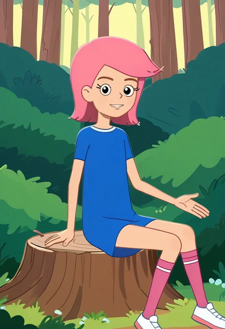 skinny, shorty, undersized, solo focus, girl olya, 1girl, short hair, pink hair, snub nosed, black eyes, eyelashes, thin hands, thin legs, slender shorty limbs, pink kneesocks, white footwear, posing, smirking smile, forest, trees, bushes,, blue dress, flat chested, sitting on tree stump, bedroom eyes, parted lips, looking at viewer,