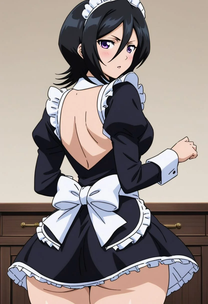 rukia kuchiki, black hair, hair between eyes, purple eyes, short hair, small breast, thick thighs, maid outfit, back view,
