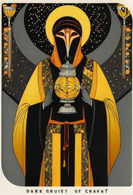 dark grey background, art deco, occultist, antiquarian, ((man in byzantine robes)), ornate lantern, ((man wearing golden ibis mask)), (man wearing turban with feather), ((black and yellow robes)), ((upwards shoulder pads)),