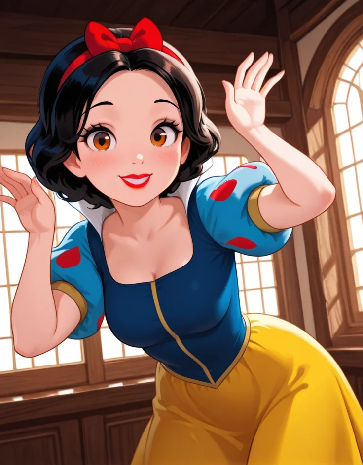 masterpiece, best quality, amazing quality, very aesthetic, absurdres, newest, detailed background, 4k, 8k, indoors,
snowwhitexd, 1girl, solo, medium breasts, short hair, blackk hair, lips, red lips, smile, blue shirt, puffy sleeves, short sleeves, yellow skirt, red hairbow, looking at viewer, cute pose, dynamic angle,
<lora:Snow_White_-_Disney_Illustrious:1>