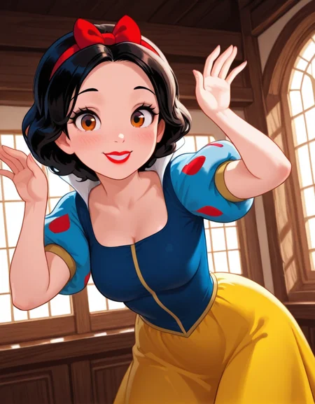 masterpiece, best quality, amazing quality, very aesthetic, absurdres, newest, detailed background, 4k, 8k, indoors,
snowwhitexd, 1girl, solo, medium breasts, short hair, blackk hair, lips, red lips, smile, blue shirt, puffy sleeves, short sleeves, yellow skirt, red hairbow, looking at viewer, cute pose, dynamic angle,
<lora:Snow_White_-_Disney_Illustrious:1>