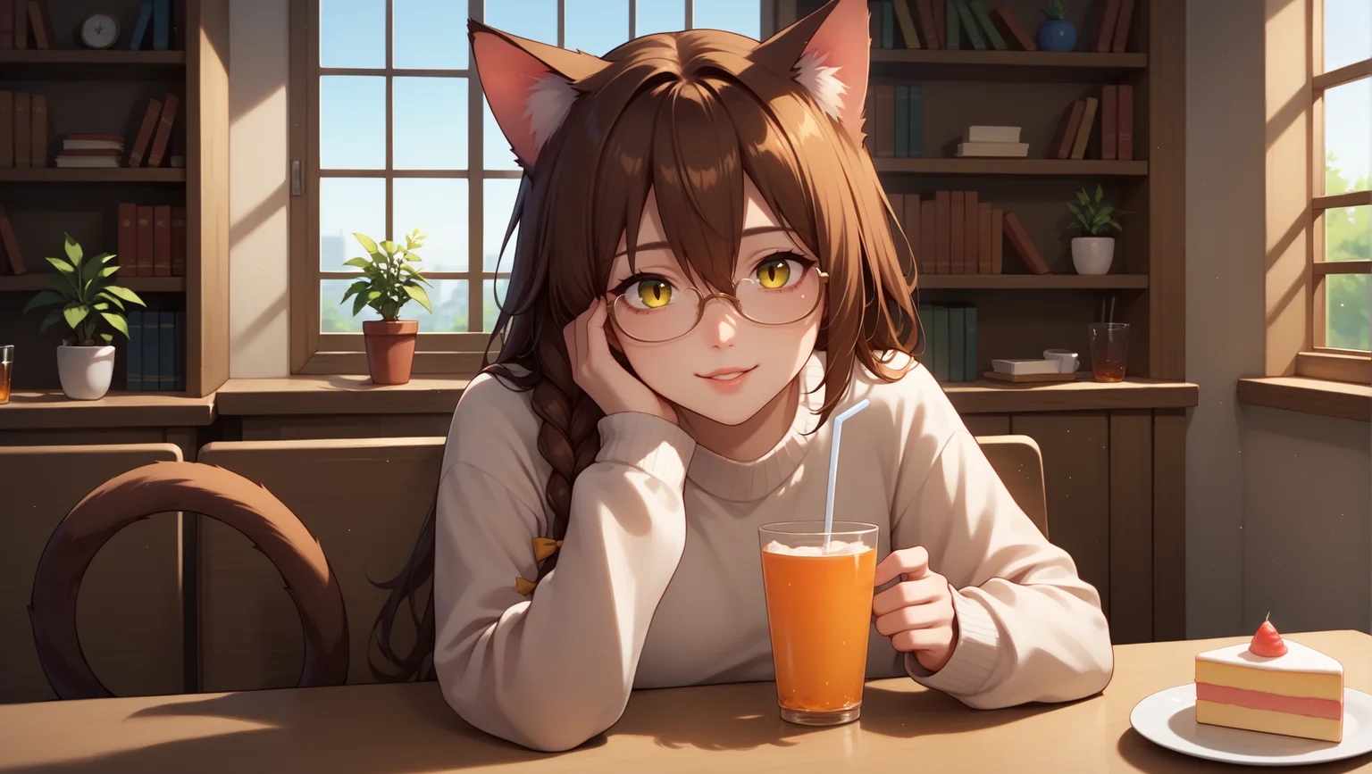 score_9,score_8_up,score_7_up,<lora:Expressive_H:1>,1girl,<lora:Everlasting_Summer_Yulya_by_GraffMetal:0.7>,yulya,brown hair,yellow eyes,hair between eyes,cat pupils,animal ears,cat ears,tail,cat tail,cat girl,long hair,braid,side braid,single braid,bow,
1girl,glasses,solo,phone,long_hair,food,plate,cellphone,brown_hair,book,smartphone,cup,table,indoors,sunlight,long_sleeves,lips,sweater,sitting,bangs,holding,plant,drinking_glass,cake_slice,drinking_straw,window,day,white_sweater,head_rest,glass,bookshelf,green_eyes,parted_lips,blurry,drink,holding_phone,sleeves_past_wrists,looking_at_viewer,upper_body,smile,