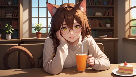 score_9,score_8_up,score_7_up,<lora:Expressive_H:1>,1girl,<lora:Everlasting_Summer_Yulya_by_GraffMetal:0.7>,yulya,brown hair,yellow eyes,hair between eyes,cat pupils,animal ears,cat ears,tail,cat tail,cat girl,long hair,braid,side braid,single braid,bow,
1girl,glasses,solo,phone,long_hair,food,plate,cellphone,brown_hair,book,smartphone,cup,table,indoors,sunlight,long_sleeves,lips,sweater,sitting,bangs,holding,plant,drinking_glass,cake_slice,drinking_straw,window,day,white_sweater,head_rest,glass,bookshelf,green_eyes,parted_lips,blurry,drink,holding_phone,sleeves_past_wrists,looking_at_viewer,upper_body,smile,