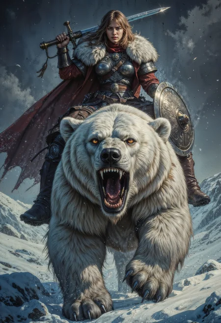 Portriat of A menacing large ferocious polar bear with battle scars, growling and snarling, lunges forward under the cover of a nocturnal snow storm, snowy ground and snow powder, illuminated by a striking Rembrandt-style spotlight. An enraged female viking warrior, riding the beast, clutches a sword triumphantly in one hand and a shield in her other hand, her intense eyes ablaze with victory. Their dynamic pose against the backdrop of an ultra-high-contrast HDR night sky, creates an epic, moody tableau immortalizing the clash of power and determination.