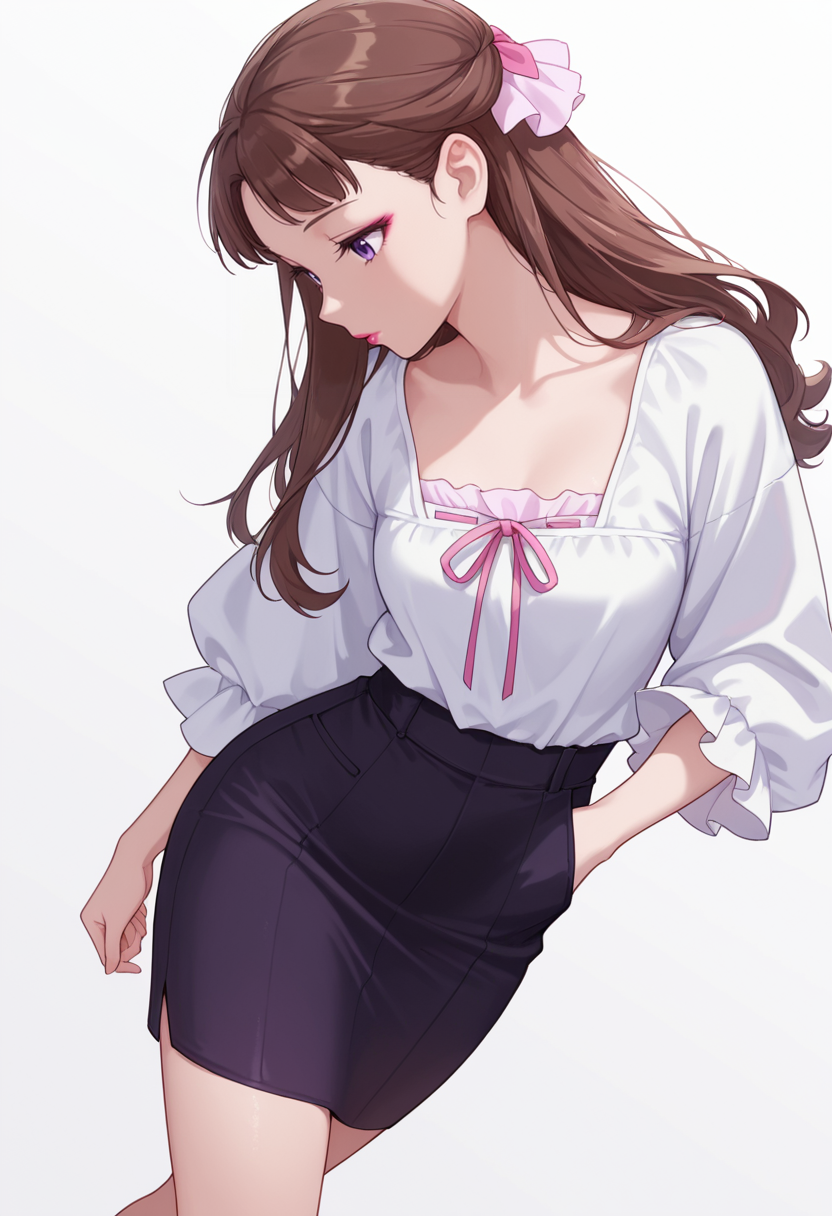 Smooth Quality,masterpiece,very intricate, high quality details, ultra realistic, high detailed skin,detailed enviorement,absurdres,
partially undressed, 
 <lora:Lishu_CNR:0.8> lishu_cnr,brown hair, long hair, purple eyes, makeup, lipstick,, simple background, white background, sideways,
walking pose, one hand in pocket, head slightly turned, casual stride,,guilt,, lantern sleeve blouse,  ,peacoat,  ,pencil skirt, ,